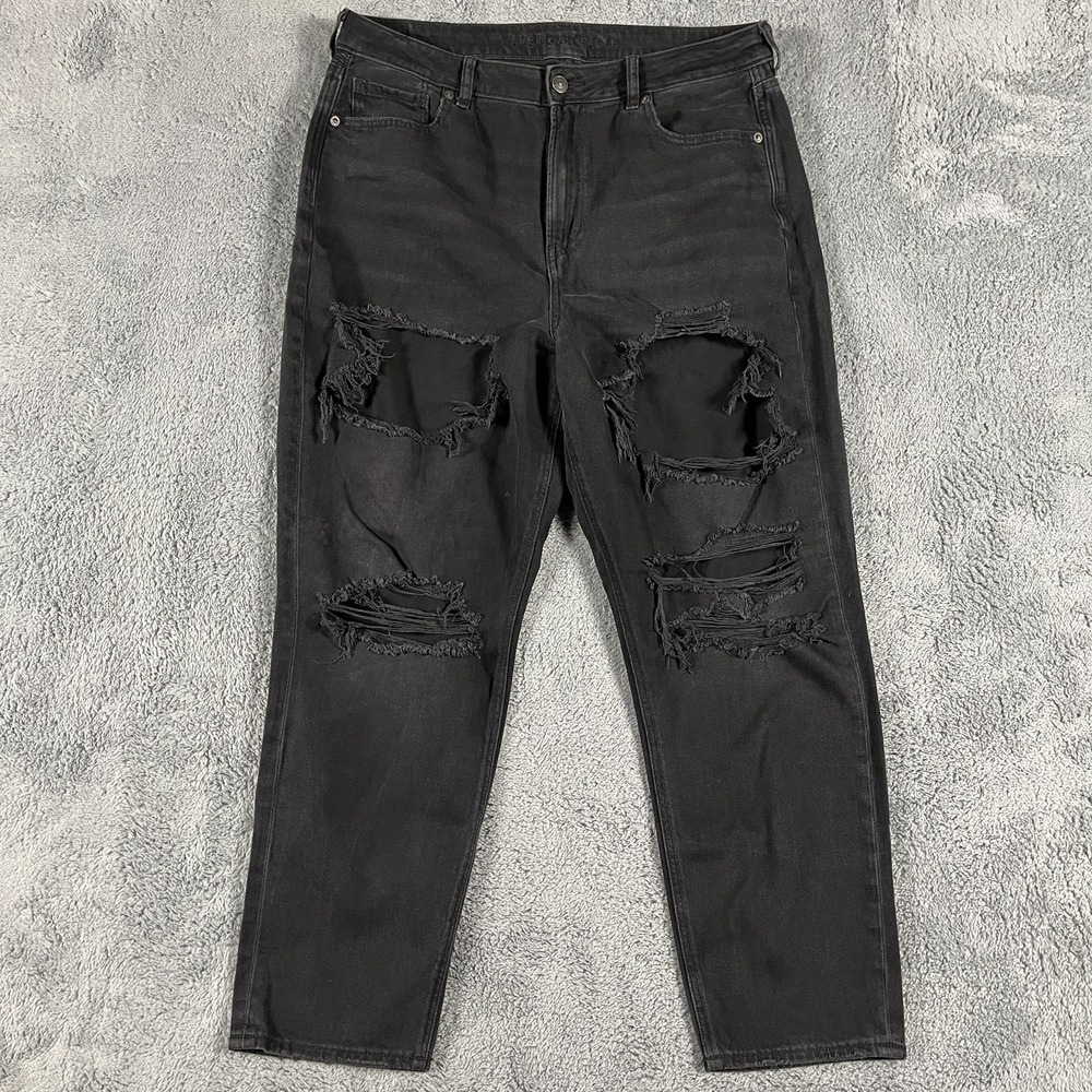 American Eagle Black High Waisted Mom Jeans 16 Regular Distressed Whiskered